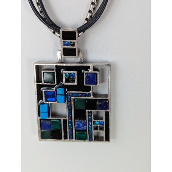Vintage chico's Modernist Pendant 1.75" square1 leather + metal 17-21"EUCBlue - Picture 4 of 7